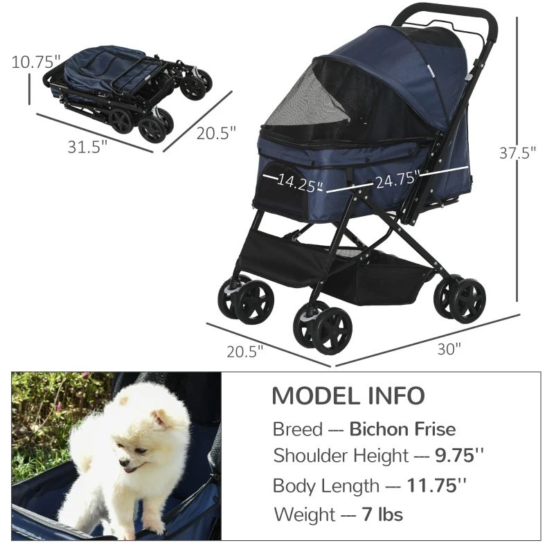 PawHut 4 Wheels Pet Stroller with Reversible Handle, Foldable Cat Dog Travel Carriage with EVA Wheel Brake, 3-stage Canopy, Mesh Window Door, Dark Blue