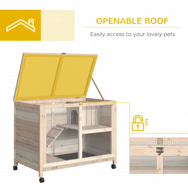 PawHut Indoor Rabbit Hutch with Wheels, Bunny Cage Guinea Pig House W/ Top Access, Ramp, Pull Out Tray, Natural Wood