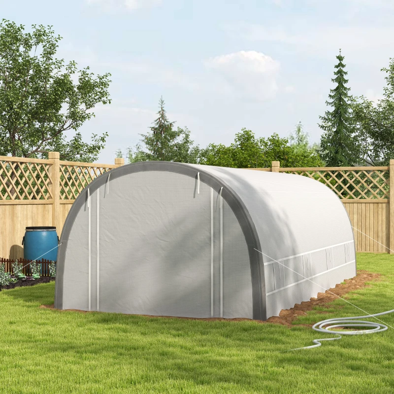 Outsunny Walk-in Tunnel Greenhouse with Upgraded Structure, Mesh Door and Windows, Warm Tent Plant House, White