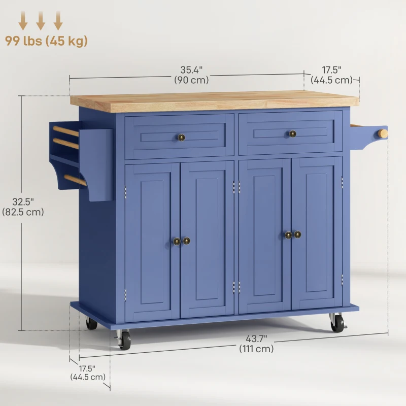 HOMCOM Kitchen Island with Storage, Rolling Trolley Cart with Rubber Wood Top, Spice Rack, Towel Rack, Navy Blue