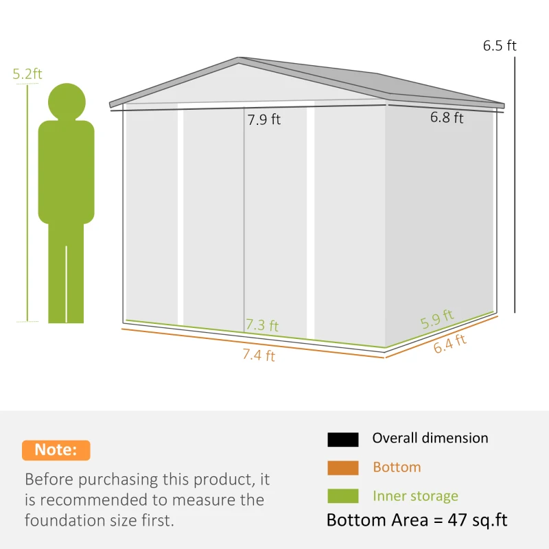 Outsunny 8' x 7' Outdoor Storage Shed, Garden Tool Metal Shed with Foundation Kit, Double Lockable Door, Air Vents and Sloping Roof, for Backyard, Patio, Lawn, Teak