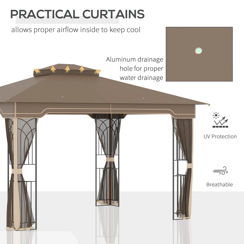 Outsunny 10' x 12' Patio Gazebo, Double Roof Outdoor Canopy Shelter with Corner Frame and Mesh Netting for Garden, Lawn, Backyard and Deck, Brown