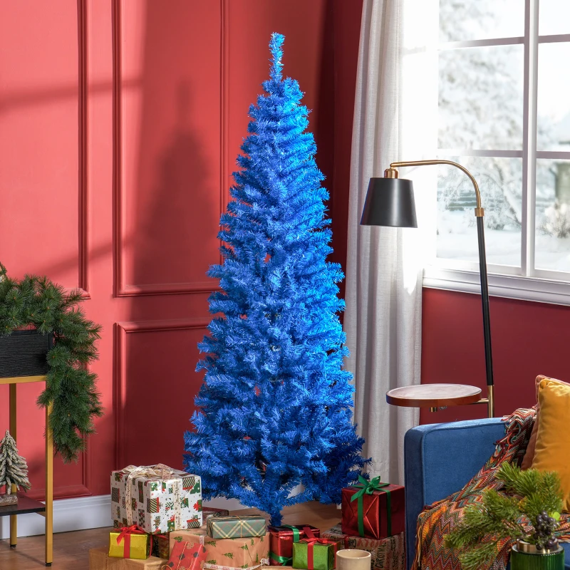 HOMCOM 6FT Pencil Christmas Tree, Artificial Christmas Tree with Automatic Open for Home Party, Blue