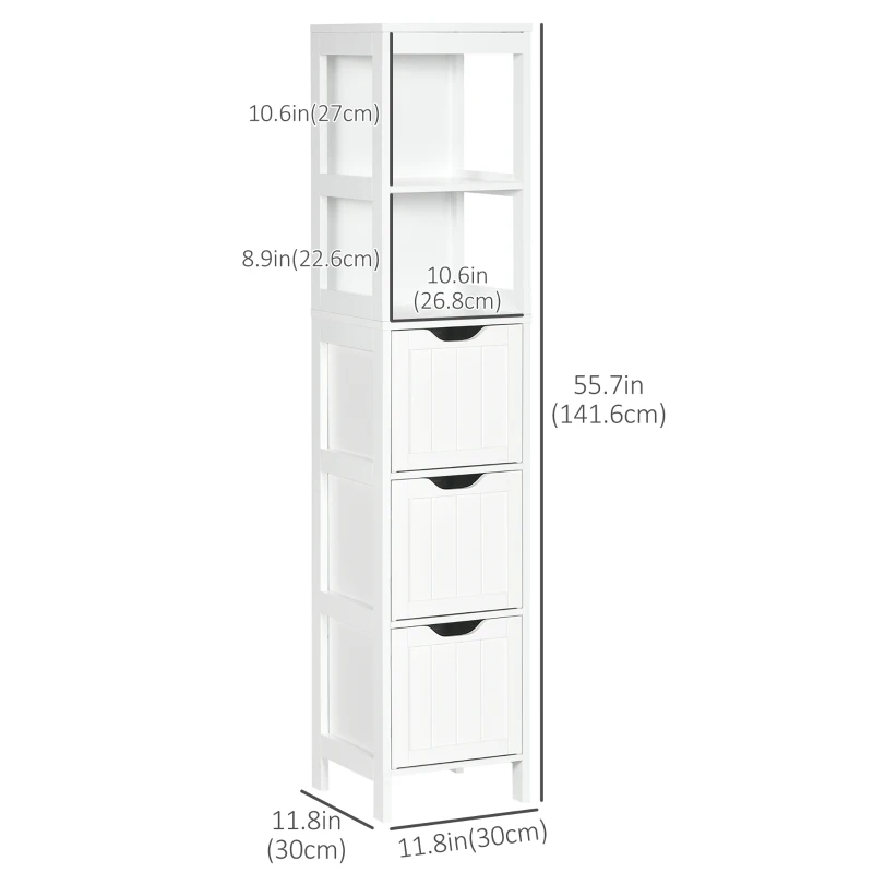 kleankin Narrow Bathroom Cabinet with 3 Drawers and 2 Tier Shelf, Tall Cupboard Freestanding Linen Tower, White