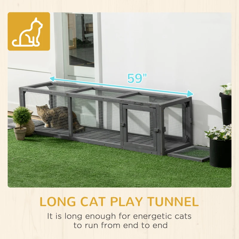 PawHut Outdoor Cat Tunnel with Extendable Design, 59" L Wooden Cat Run with Weather Protection, Connecting Inside and Outside, for Deck Patios, Balconies, Gray