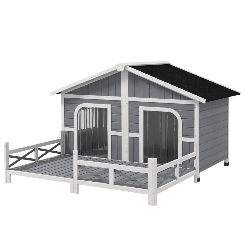 PawHut Dog House Outdoor, Wooden Dog Kennel Weatherproof with Porch, Openable Roof, Removable Bottom, Elevated Floor, Double Room for 2 Small to Medium Breeds, Gray