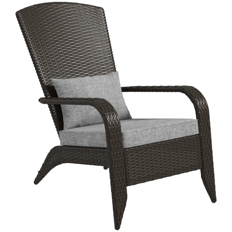 Outsunny Patio Wicker Adirondack Chair, Outdoor Rattan Muskoka Chair with Cushions for Patio, Garden, Backyard, Grey