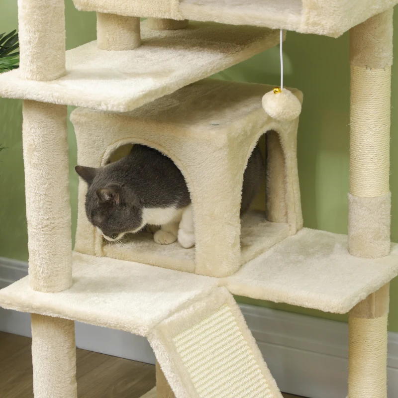 PawHut 54" Cat Tree, Multi-Level Cat Tower with Scratching Posts, Cat Condos, Bed, Platforms, Ramp, Toy Ball, Beige
