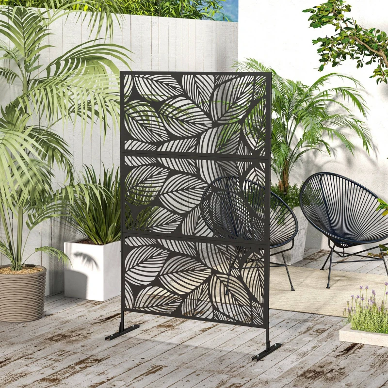 Outsunny 6.5' Decorative Outdoor Divider, Metal Privacy Screen with Stand, Leaf Motif, Black