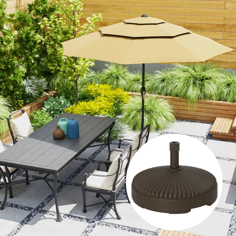 Outsunny Round Plastic Patio Umbrella Base Parasol Holder Outdoor Umbrella Stand, Filled Up to 62lbs with Stand or 51lbs with Water for Garden, Poolside, Brown