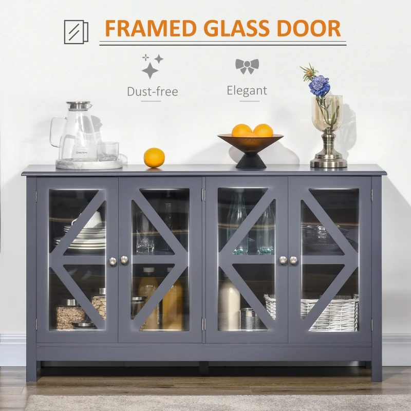 HOMCOM Sideboard, Buffet Cabinet with 4 Tempered Glass Doors and Adjustable Storage Shelf, Credenza, Gray
