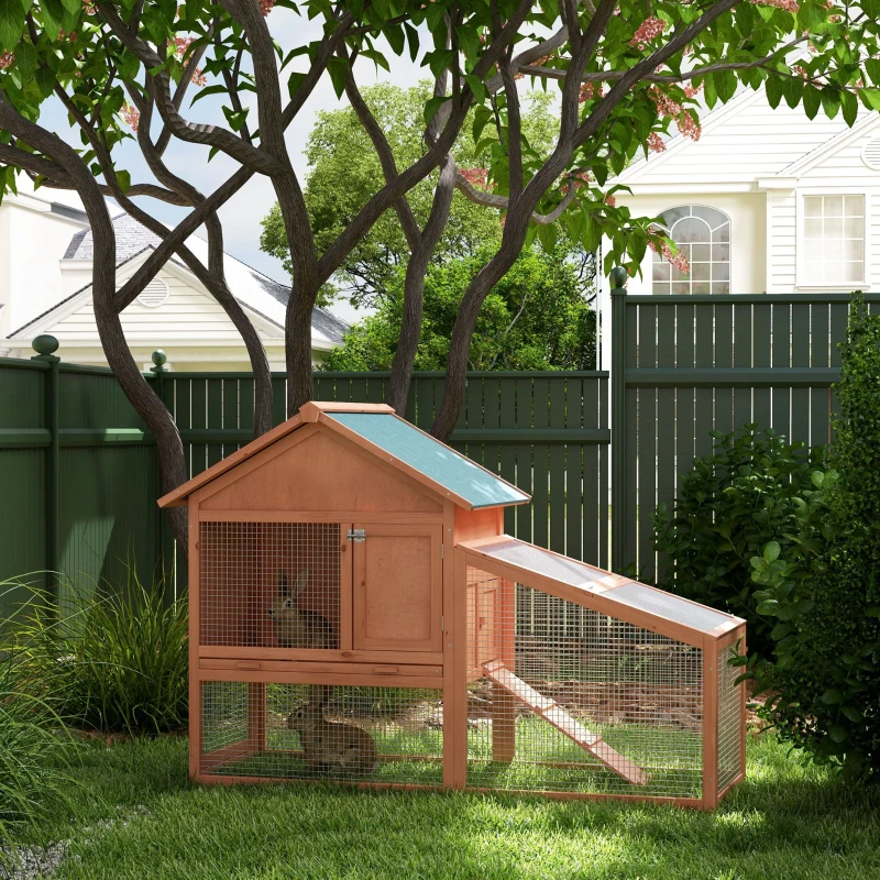 PawHut 2 Tier Rabbit Hutch Outdoor Bunny House Guinea Pig Cage with Removable Tray, Ramp, Asphalt Roof