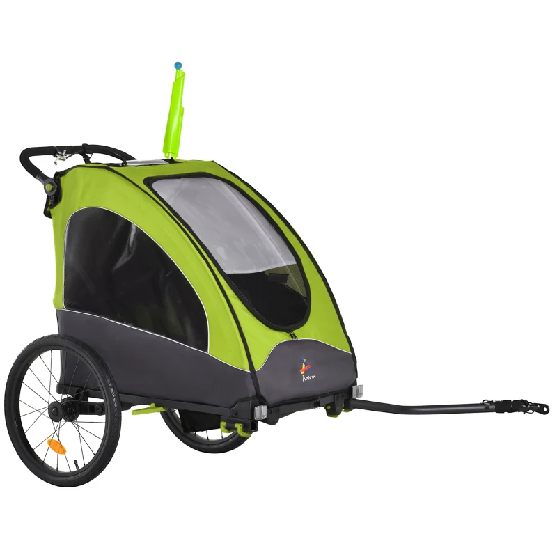 Aosom Bike Trailer for Kids 3 In1 Foldable Child Jogger Stroller Baby Stroller Transport Carrier with Shock Absorber System Rubber Tires Adjustable Handlebar Kid Bicycle Trailer Green and Gray