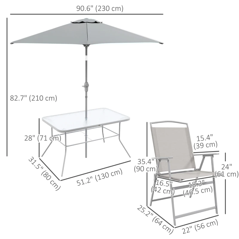 Outsunny 8 Piece Patio Dining Set with Table Umbrella, 6 Folding Chairs and Rectangle Dining Table, Grey
