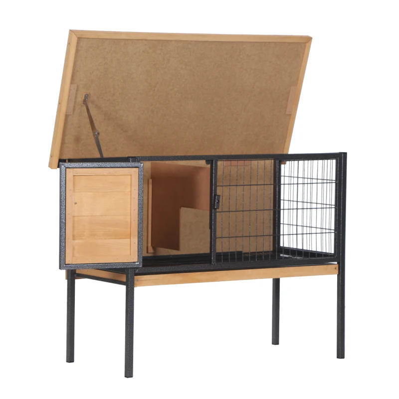 PawHut Rabbit Hutch Elevated Bunny Cage Small Animal Habitat with Metal Frame, No Leak Tray, Metal Wire Pan, Openable Water-Resistant Asphalt Roof for Rabbits, Chickens, Ducks, Indoor/Outdoor Natural