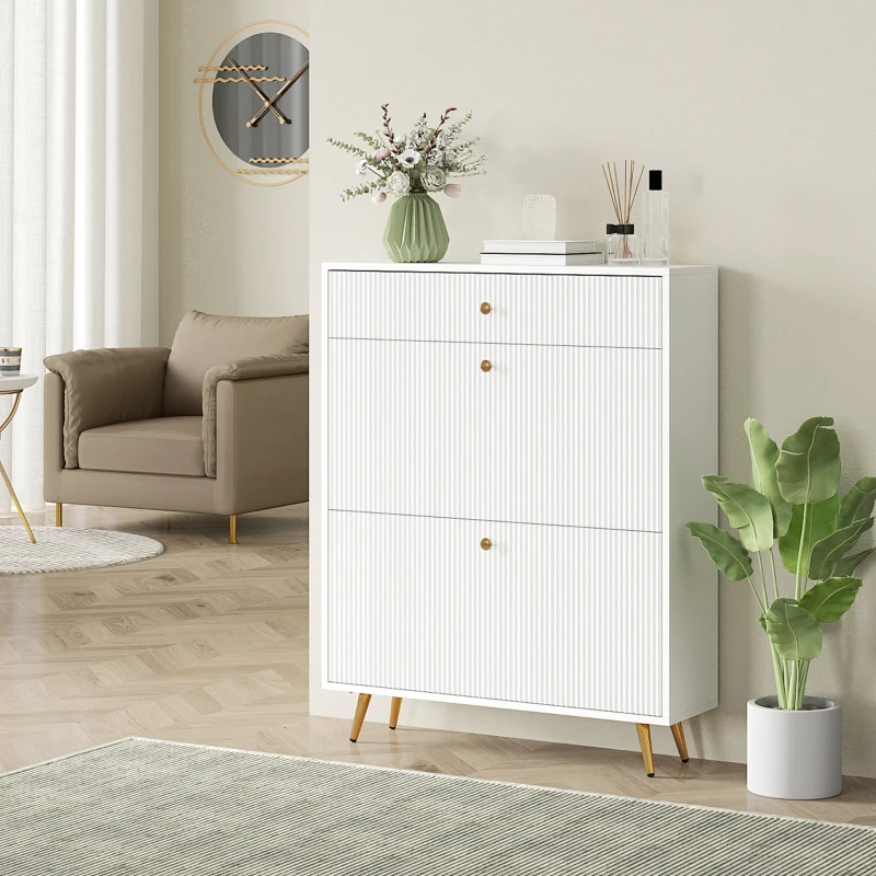 HOMCOM Narrow Shoe Storage Cabinet with Wave-like Panels and Adjustable Shelves for 12 Pairs of Shoes, White
