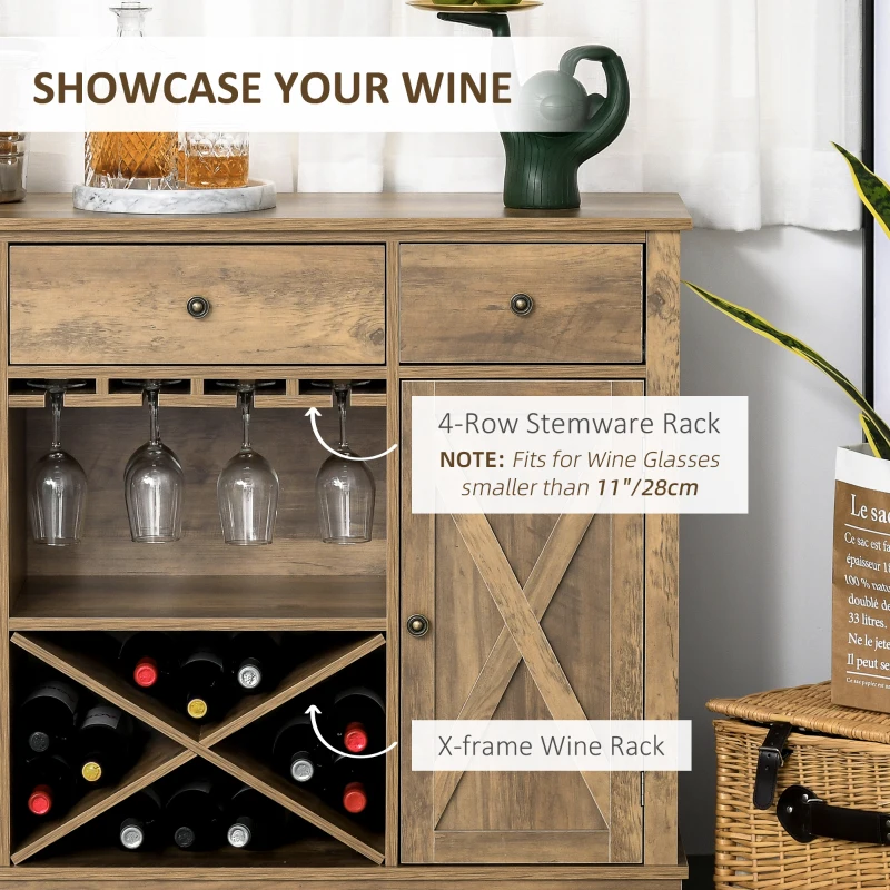 HOMCOM Farmhouse Sideboard Buffet Table Storage Cabinet with 3 Drawers, X-Shaped Wine Rack, Steamware Holder and Cabinets