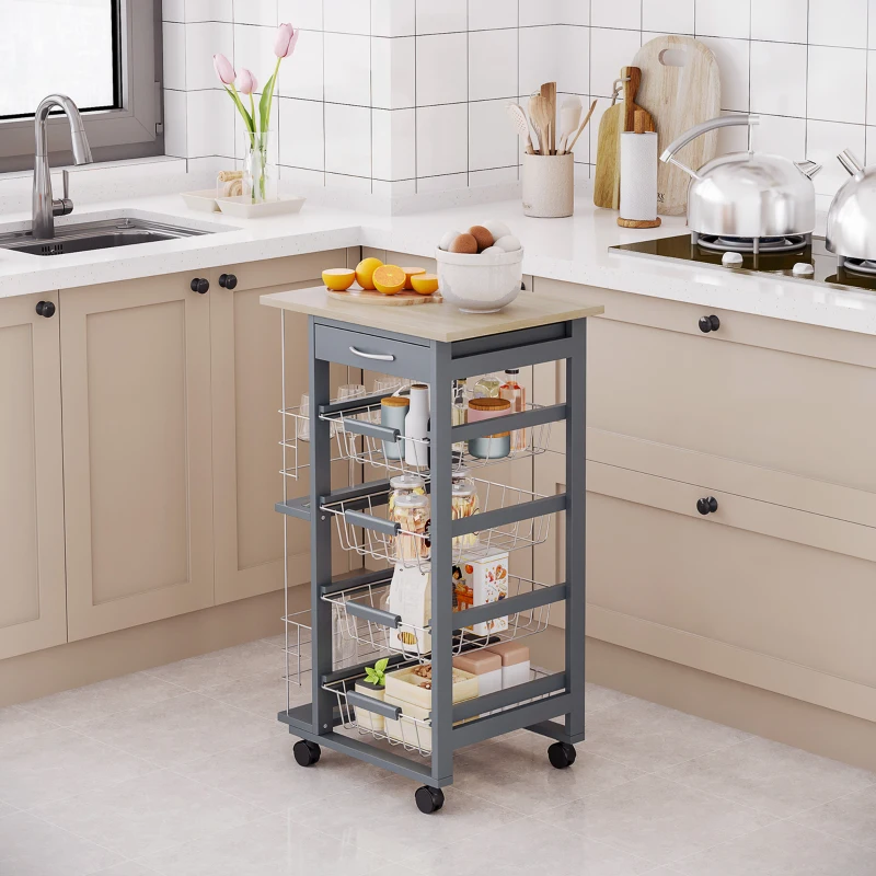 HOMCOM Rolling Kitchen Cart, Utility Storage Cart with 4 Baskets, Drawer, Side Racks, Wheels for Dining Room, Dark Grey