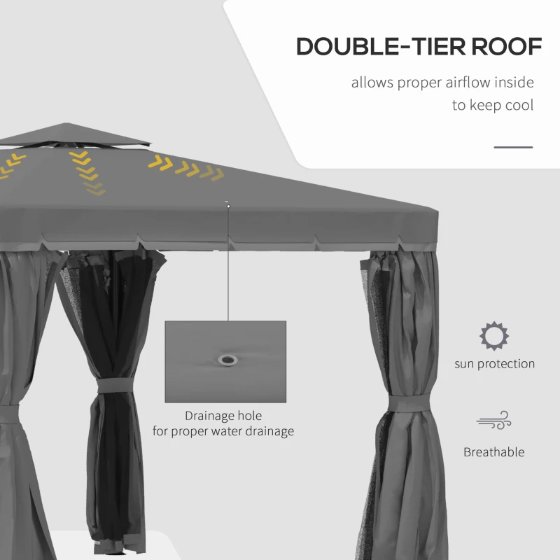 Outsunny 10' x 10' 2-Tier Outdoor Gazebo Canopy Tent with Zippered Mesh Sidewalls, Aluminum Frame for Patio, Backyard, Dark Grey