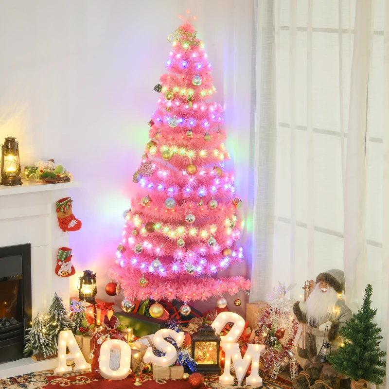 HOMCOM 6ft Tall Fir Artificial Christmas Tree with Realistic Branches, 230 Multi-Color Fiber Optic LED Lights and 230 Tips, Pink