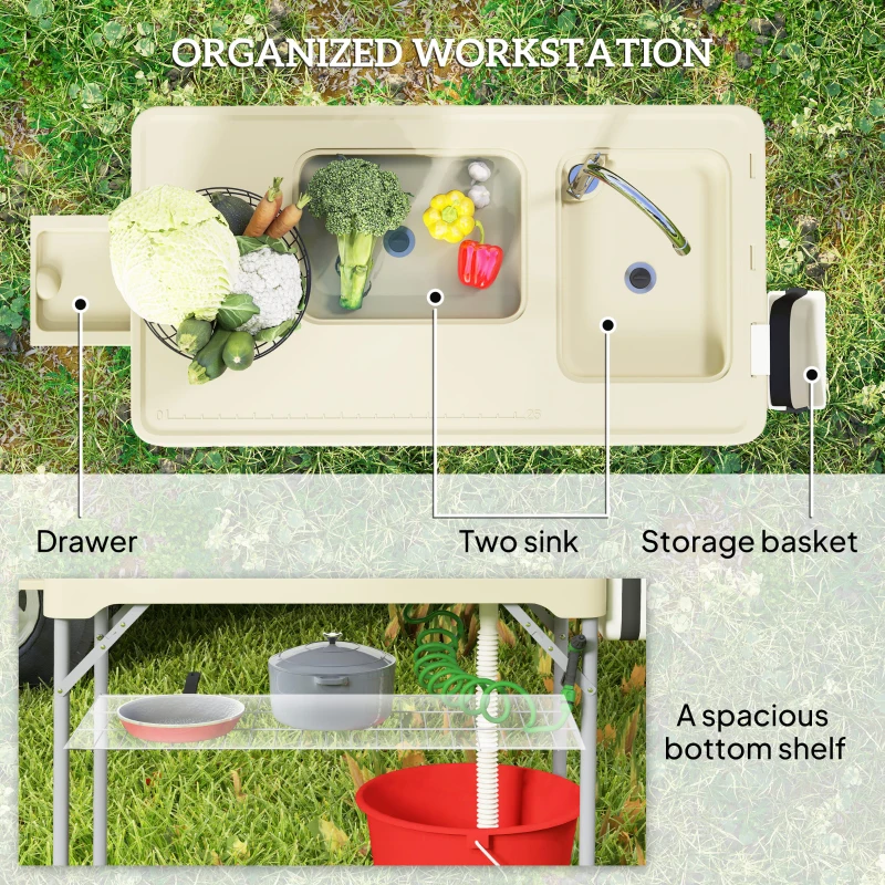Outsunny Folding Fish Cleaning Table with Sinks, Portable Camping Sink Table with Faucet, Drainage Hose, Sprayer, Shelf, Drawer and Storage Basket, Outdoor Fillet Table for Picnic Beach Patio, Tan