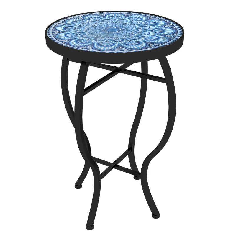 Outsunny Round Outdoor Table, Patio Bistro Coffee Table with Mosaic Top and Steel Frame for Garden