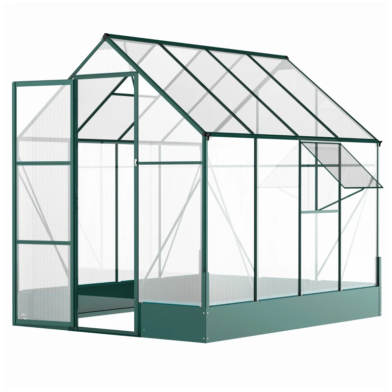 Outsunny 8' x 6' Greenhouse for Outdoors, Polycarbonate Greenhouse with Roof Vent and Rain Gutter, Aluminum Walk-in Green House for Outside for Patio Backyard Garden, Green