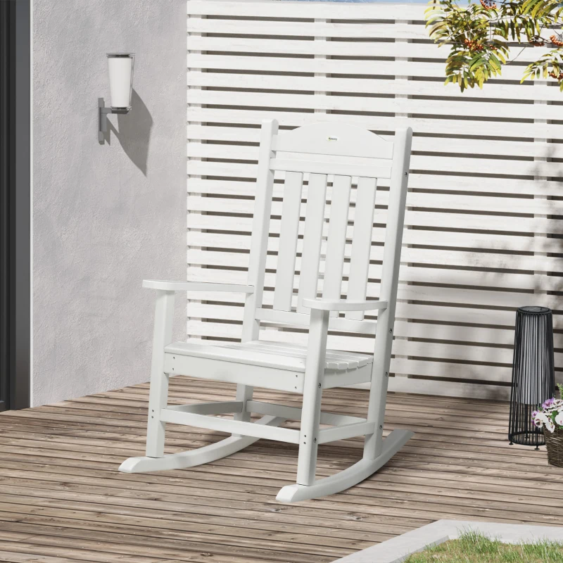 Outsunny Outdoor Rocking Chair, All Weather-Resistant HDPE Rocking Patio Chairs with Rustic High Back, Armrests, Oversized Seat and Slatted Backrest, 350lbs Weight Capacity, Light Gray