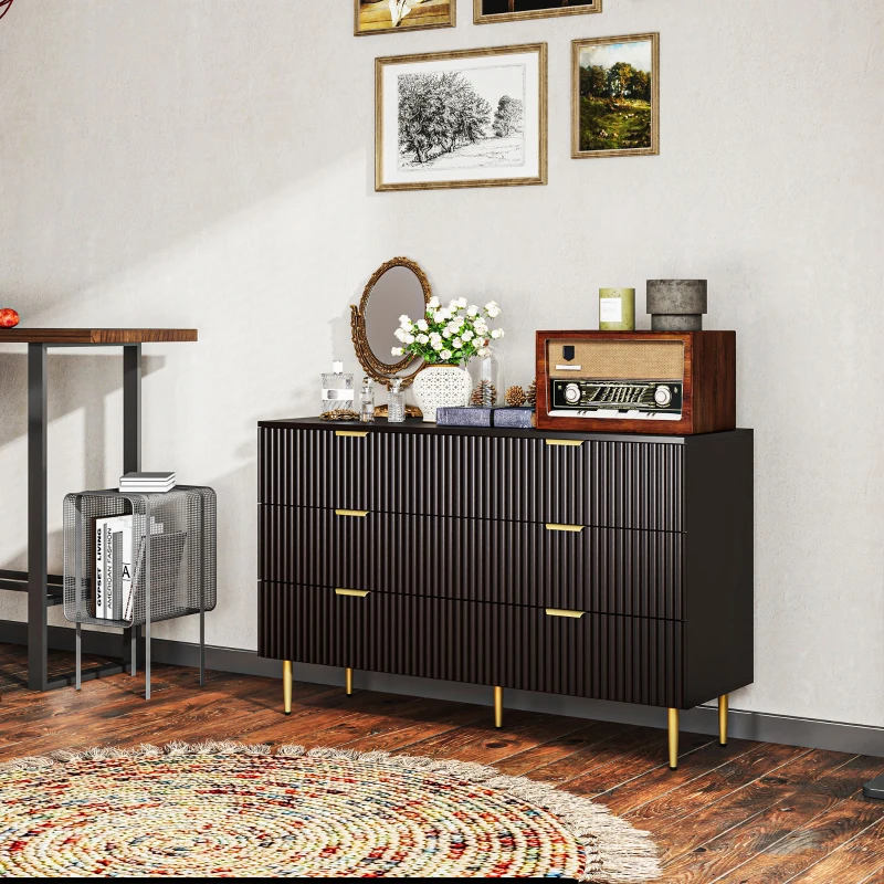 HOMCOM Modern Chest of Drawers 6 Drawer Dresser for Bedroom with Gold Legs and Handles, Black