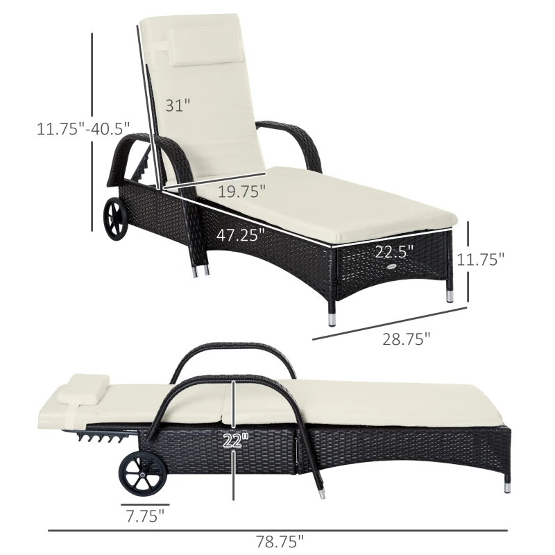 Outsunny Wicker Chaise Lounge, Outdoor Lounge Chair, PE Rattan Patio Sun lounger with Head-rest, 5-Level Height Adjust Backrest, Cushion & Wheels, Deep Coffee and Cream White
