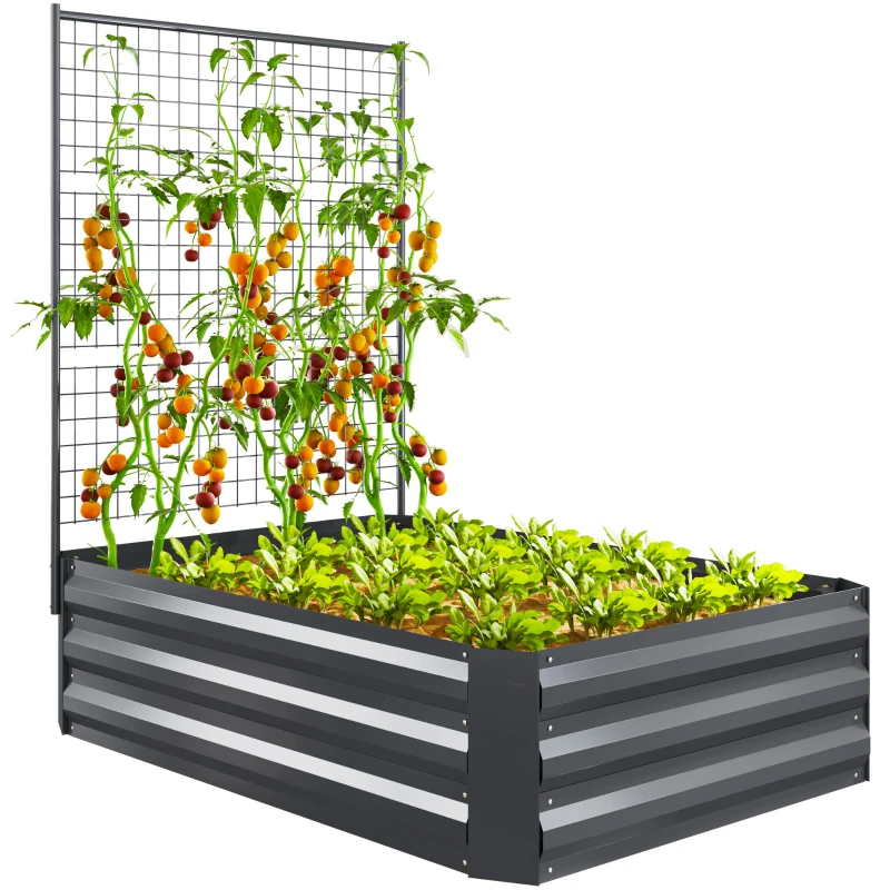 Outsunny Galvanized Raised Garden Bed with Trellis for Climbing Plants, Outdoor Planter Box with Open Bottom, Dark Grey