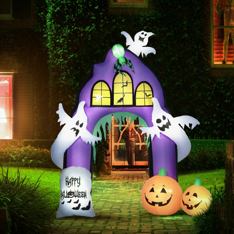 HOMCOM 9ft Halloween Inflatables Outdoor Decorations Castle Archway with Ghosts, Pumpkins, Spider and Tombstone, Blow Up LED Yard Decor Indoor Outdoor for Garden, Lawn, Party, Holiday
