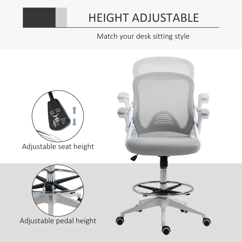 Vinsetto Height-Adjustable Tall Office Chair, Drafting Chair with Flip-Up Armrest, Footrest Ring, Swivel Wheels, Light Grey