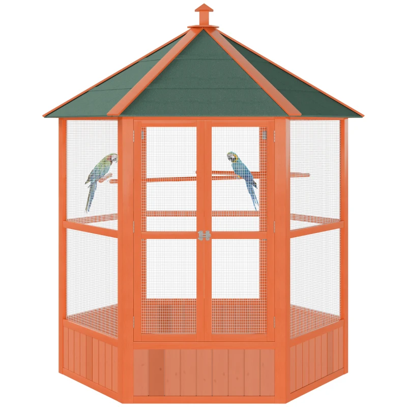 PawHut 70"H Wooden Bird Cage Hexagonal Outdoor Aviary with Doors