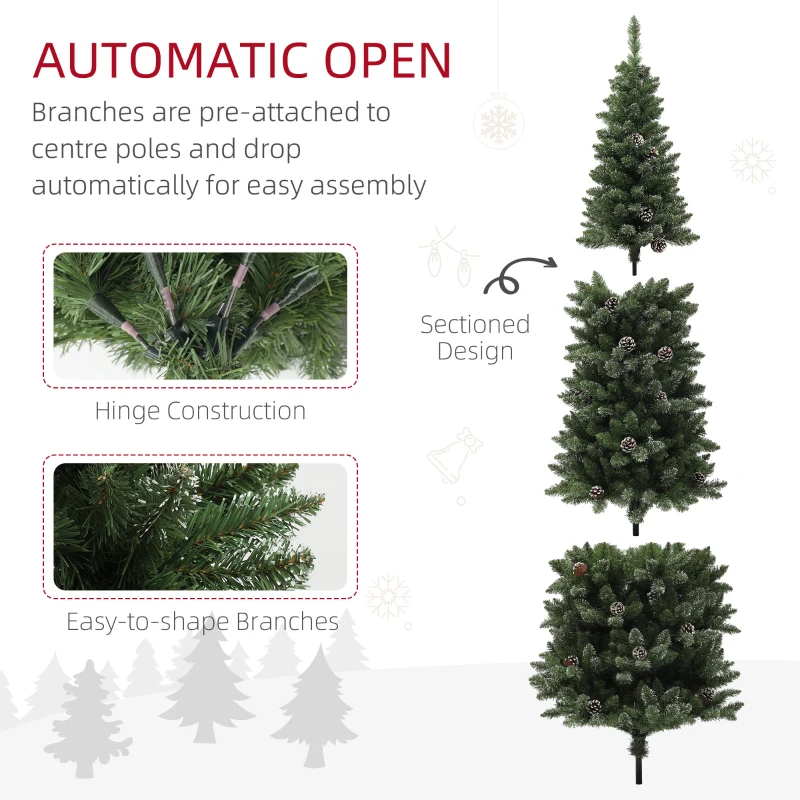 HOMCOM 7.5ft Artificial Pencil Christmas Tree with 980 Branches, Pinecones, Metal Stand, Realistic Xmas Tree for Home