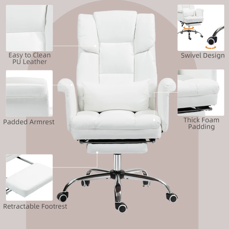 HOMCOM Executive Office Chair with Footrest and Lumbar Support, PU Leather Desk Chair, Ergonomic, Reclining and Swivel, White