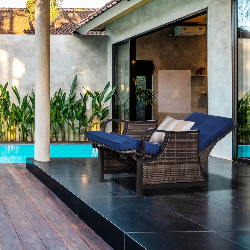 Outsunny Outdoor Recliner Chair with Cushion, Rust-Resistant Aluminum Frames PE Wicker Patio Lounge Chaise Chair with Adjustable Reclining Backrest and Footrest, Pillow, Dark Blue