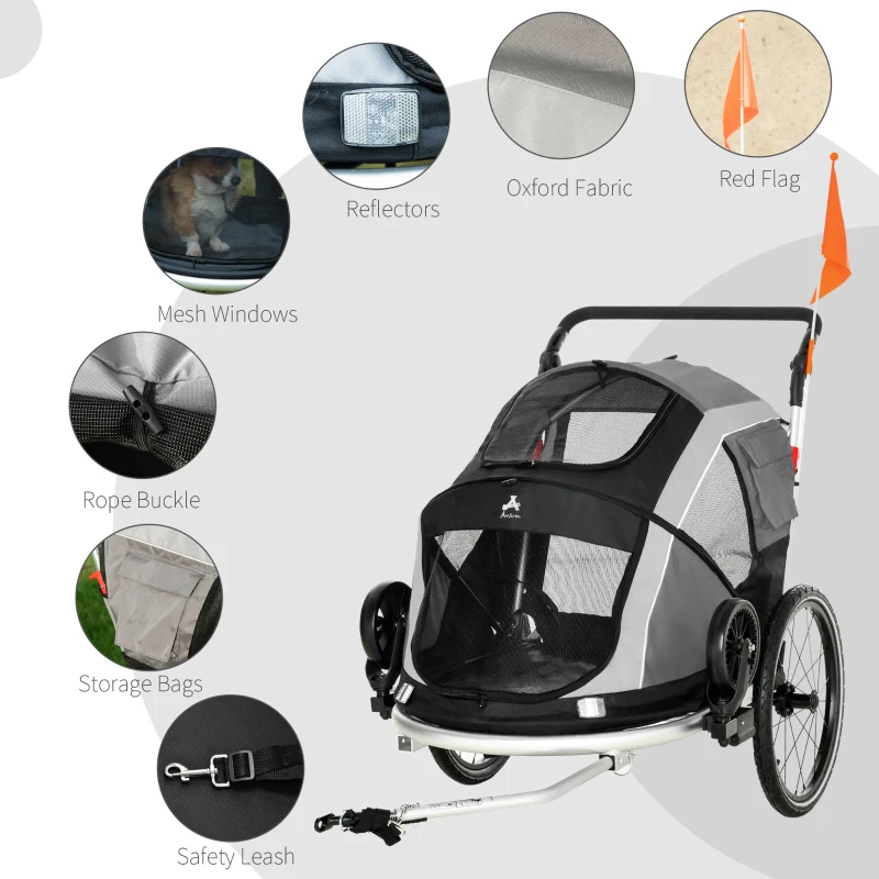 Aosom 2-in-1 Folding Pet Bike Trailer for Small Dogs, Road-Visibility Bicycle Stroller, Weather-Strong Bike Wagon Trailer Sidecar Attachment, Grey