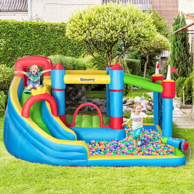 Outsunny 6-in-1 Inflatable Bounce House with Slide, Climbing Wall, Water Cannon, and More, Inflatable Water Slide for Kids with 2 Min. Inflation and Air Blower