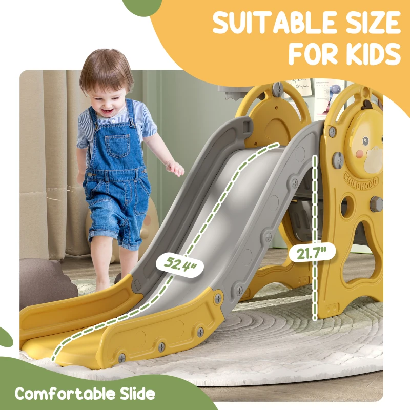 Qaba 3 in 1 Toddler Slide with Basketball Hoop, Climber, Duck Pattern for Kids 1-3 Years, Yellow