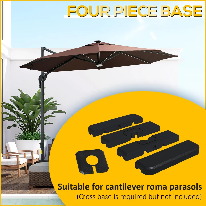 Outsunny 4 Pieces Square Patio Umbrella Base Stand, Outdoor Cantilever Offset Umbrella Weights, 198lb Capacity Water or 286lb Capacity Sand, Black