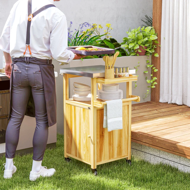 Outsunny Outdoor Grill Cart w/ Stainless Steel Top, Solid Wood Outdoor Kitchen Island w/ Wheels, Integrated Hole, Natural Wood