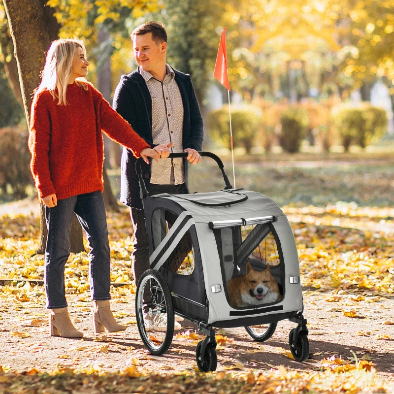 Aosom Dog Bike Trailer, 2-in-1 Dog Wagon Pet Stroller for Travel with Universal Wheel Reflectors Flag, for Small and Medium Dogs, Grey