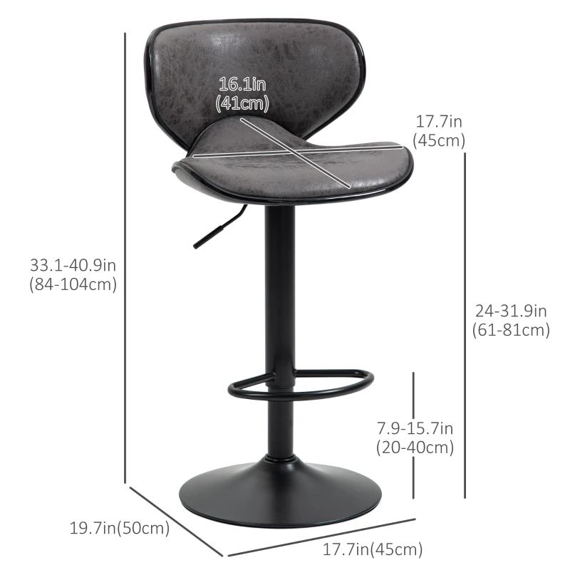 HOMCOM Adjustable Bar Stools Set of 2, Swivel Counter Height Barstools, Leathaire Upholstered Kitchen Island Stools with Back, Footrest and Steel Base, Dark Grey