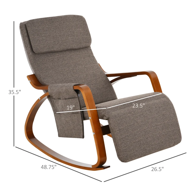 HOMCOM Rocking Chair with Adjustable Footrest, Padded Cushion, Removable Side Pocket & Soft Pillow for Living Room, Bedroom, Natural Wood frame Linen Touch, Brown