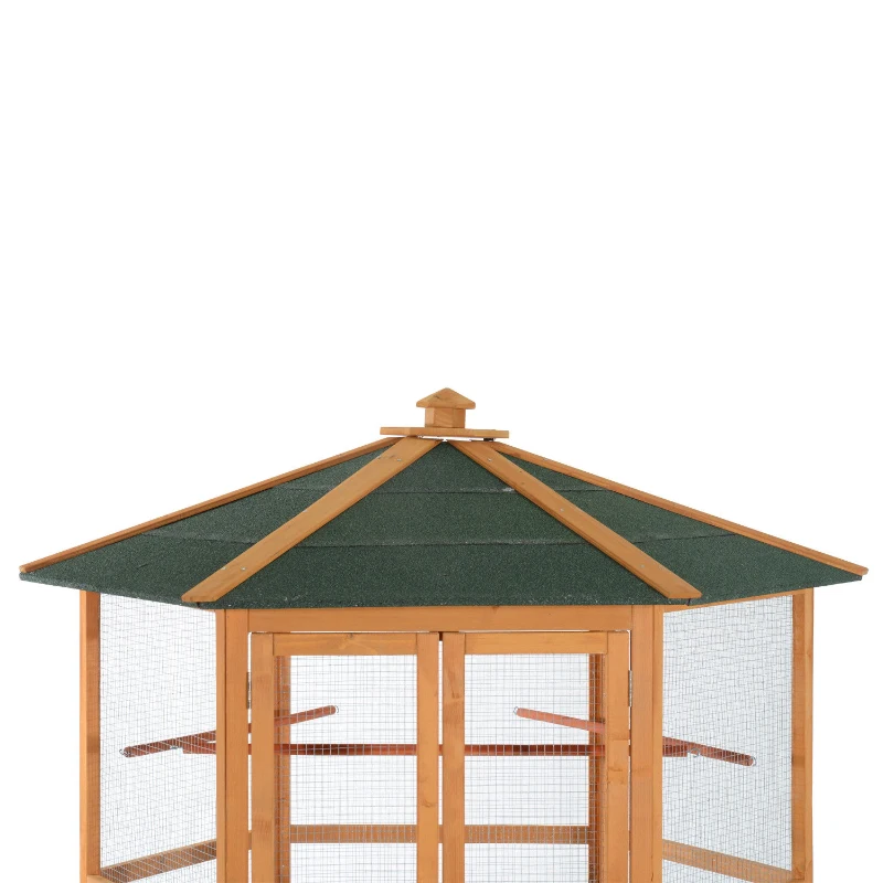 PawHut 69" Wooden Hexagonal Outdoor Aviary Flight Bird Cage With Covered Roof, Brown(m-5)
