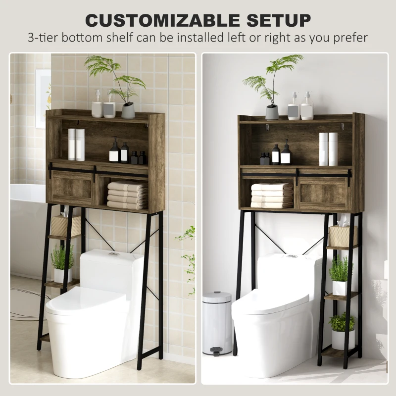 HOMCOM Over the Toilet Storage Cabinet, Over Toilet Bathroom Organizer with 3 Compartments, 4 Open Shelves, Distressed Brown