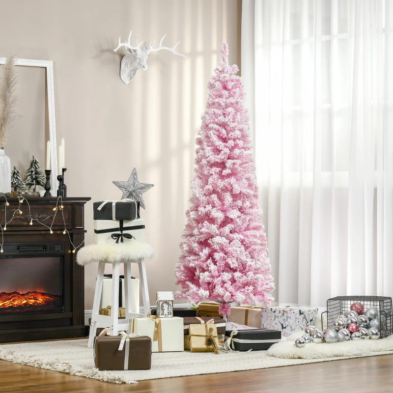 HOMCOM 6 FT Snow Flocked Artificial Christmas Tree, Pencil Xmas Tree with Realistic Branches, Auto Open and Steel Base, Pink
