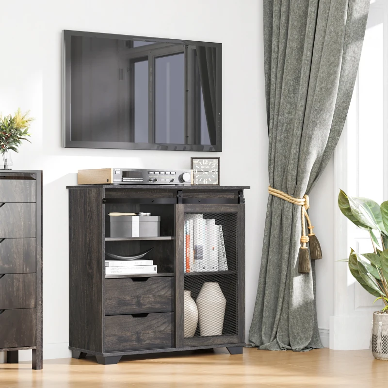 HOMCOM Industrial Sideboard Buffet Cabinet, Kitchen Cabinet, Coffee Bar Cabinet with 2 Drawers, 2 Open Shelves and Metal Mesh Sliding Door, Dark Brown