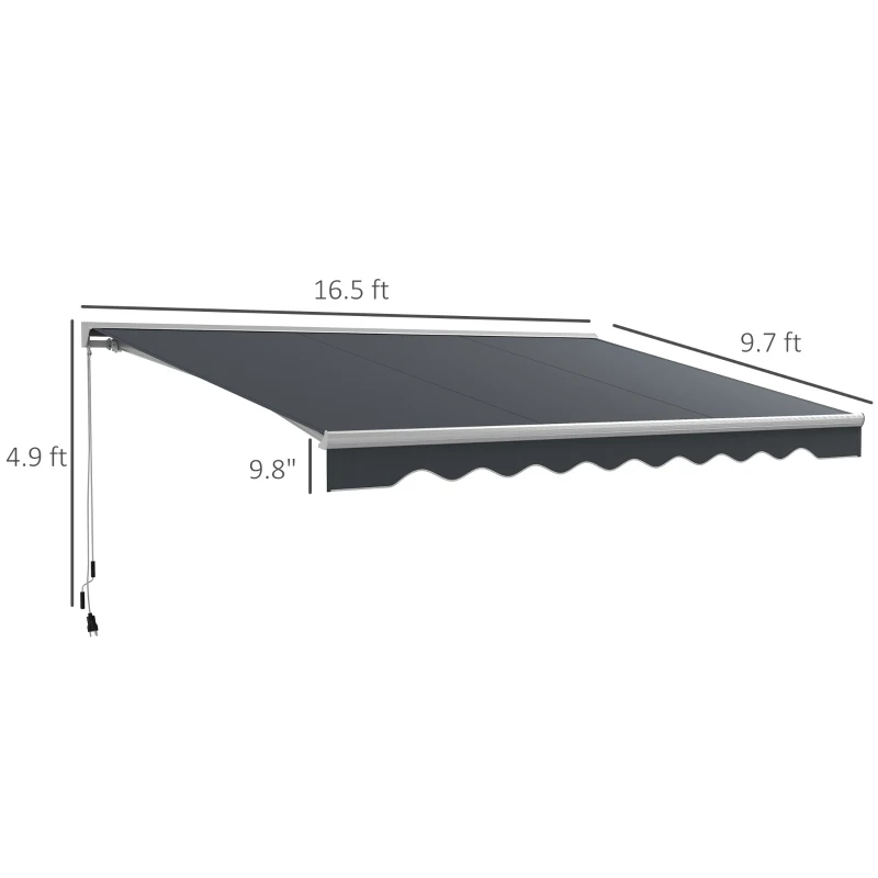 Outsunny 16.5' x 10' Electric Awning, Retractable Awning with LED Lights and Remote Controller for Door and Window, Dark Gray